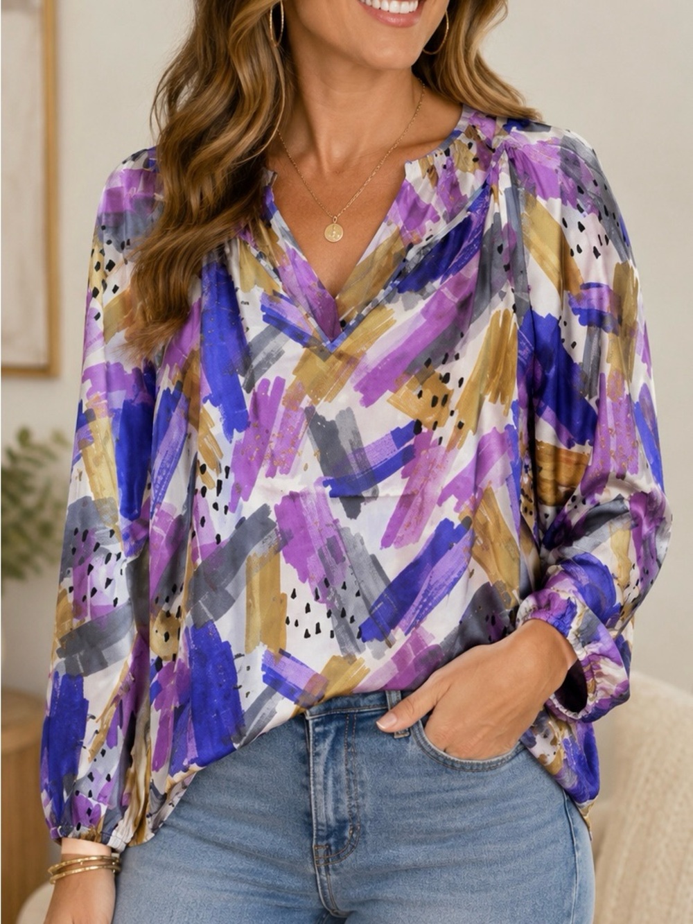 Wonder Brushstroke V-Neck Blouse in Purple, Gold & Gray